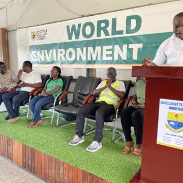 Dr. Samuel Ofori, a Senior Lecturer at UCC and Director of Research and Programs at CCAG, addressing CCTU students on the impact of plastic pollution during the World Environment Day symposium held at the CCTU campus.l